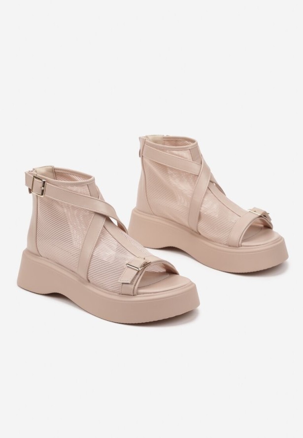 Beżowe Botki na Platformie Ozdobione Siateczką i Klamrą Eleazetta