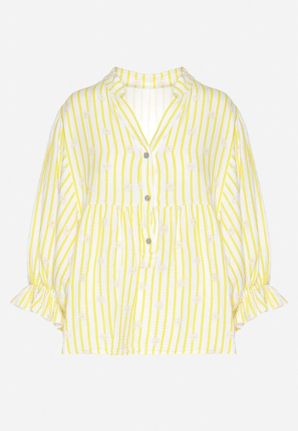 Żółta Bawełniana Koszula z Dekoltem w Serek w Kwiatowy Wzór Mailovelle