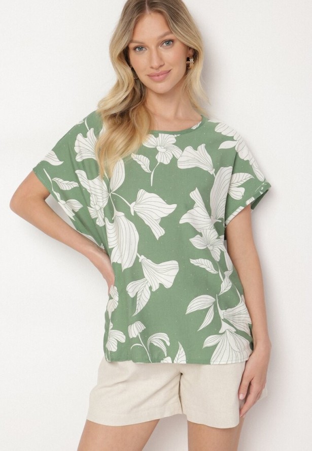 Zielona Bluzka o Nietoperzowym Kroju z Lnem i Wiskozą Zdobiona Cyrkoniami Rinelitia