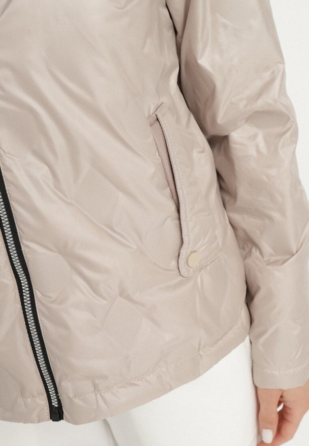 Beżowa Pikowana Kurtka o Dwustronnym Kroju z Odpinanym Kapturem Zeorina