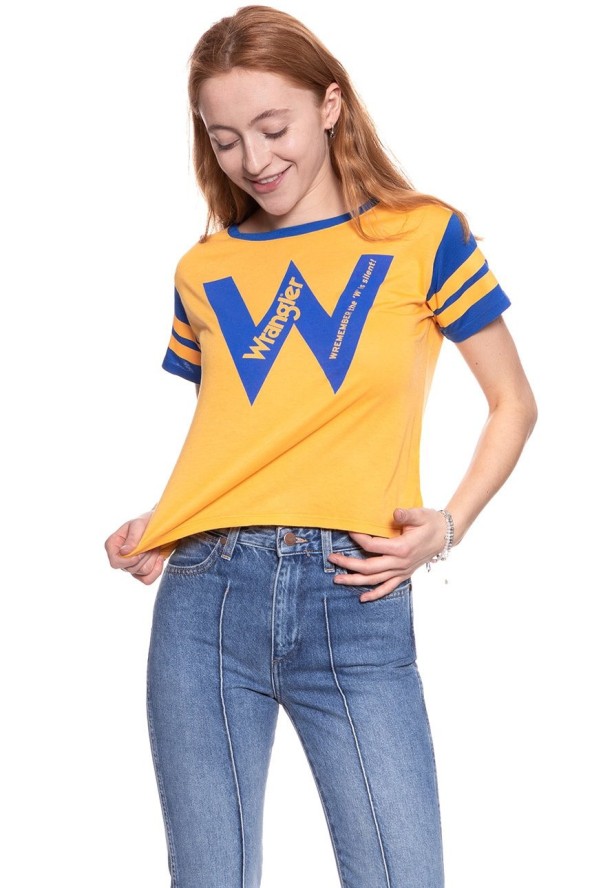 WRANGLER T SHIRT DAMSKI B&Y W CROP TEE AMBER YELLOW W721CF7UY 112130924