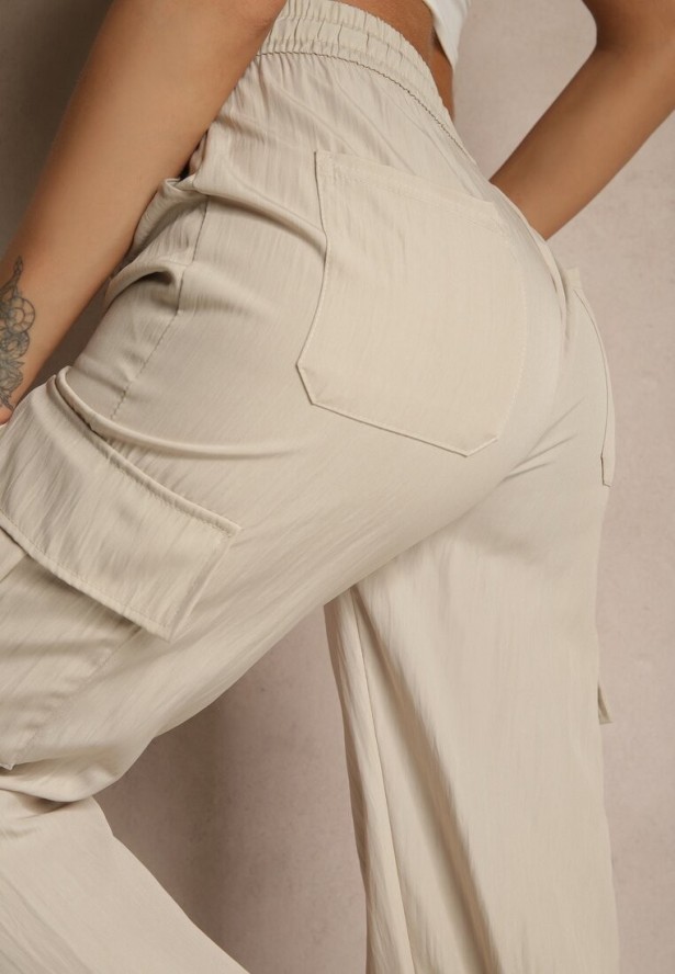 Jasnobeżowe Spodnie Cargo z Bawełną o Szerokim Kroju High Waist Mairiora