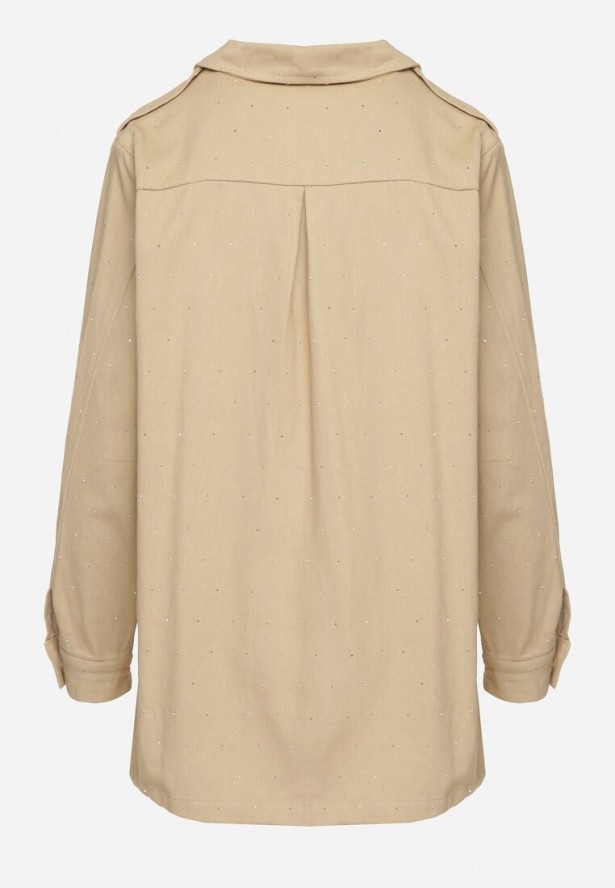 Beżowa Bawełniana Koszula Ozdobiona Cyrkoniami na Guziki Nerelise