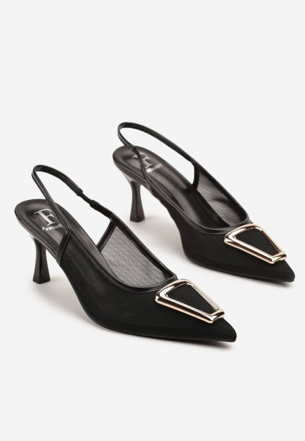 Czarne Sandały z Siateczki z Klamrą na Niewysokiej Szpilce Fainna