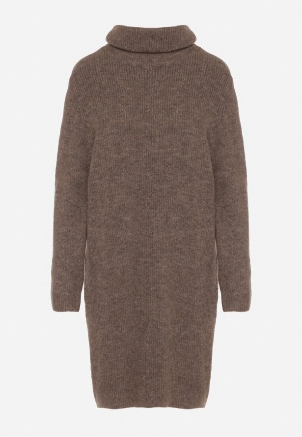 Jasnobrązowa Sukienka Sweterkowa z Golfem z Wiskozą i Wełną Fedamira