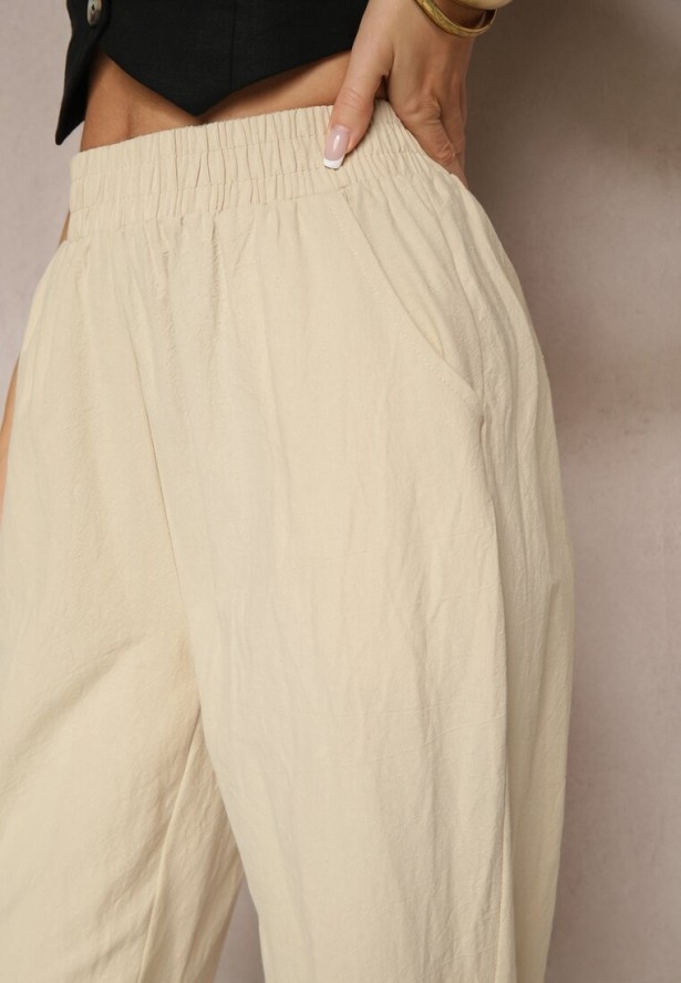 Beżowe Spodnie z Bawełny High Waist Sonirea