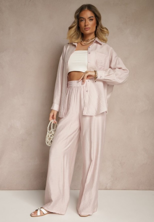 Jasnoróżowa Koszula Oversize w Klasycznym Stylu z Kieszonką Liozira