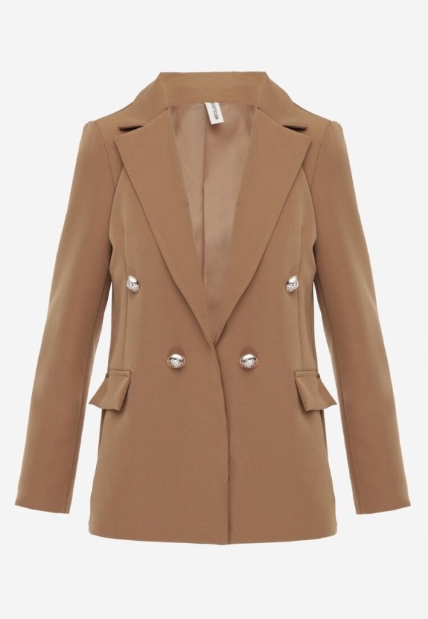 Jasnobrązowa Marynarka Niezapinana z Dekoracyjnymi Guzikami Cose