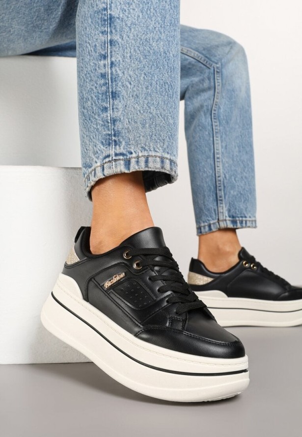 Czarne Sneakersy na Grubej Podeszwie Zdobione Brokatem Kariven