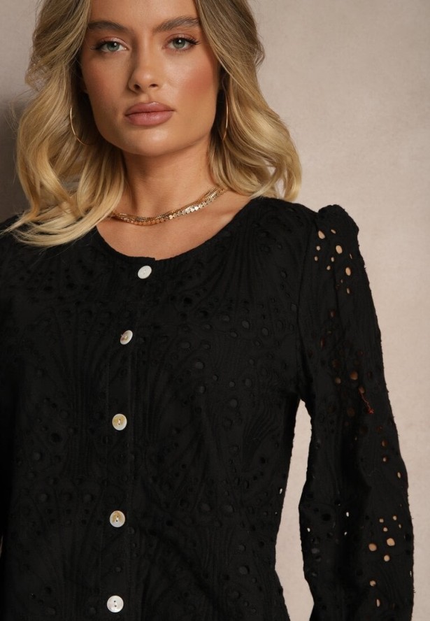 Czarna Bawełniana Koszula Ozdobiona Haftem Fonliria