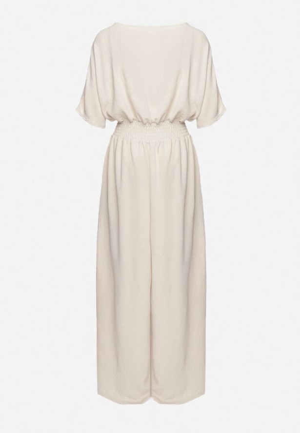 Beżowy Kopertowy Kombinezon z Gumką w Talii i Szerokimi Nogawkami Vimashea