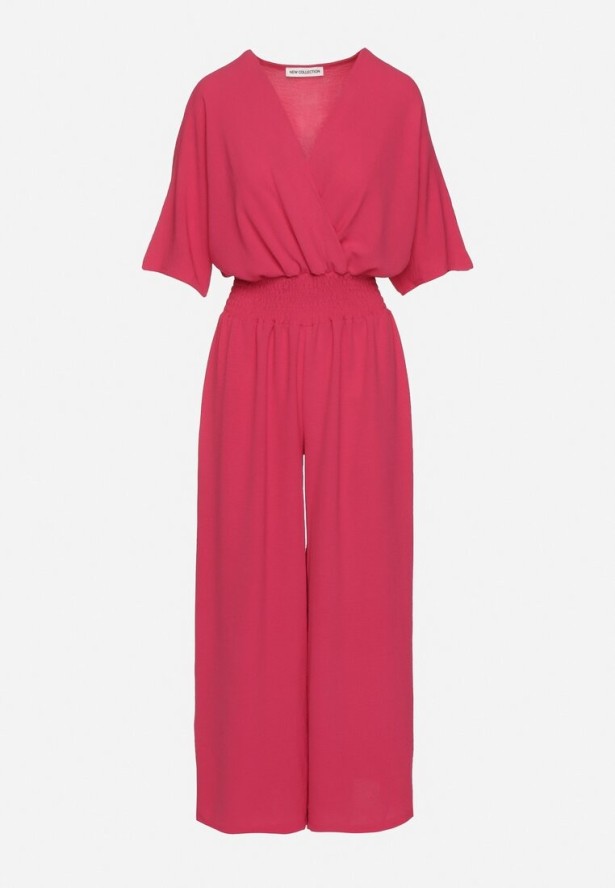 Fuksjowy Kopertowy Kombinezon z Gumką w Talii i Szerokimi Nogawkami Vimashea