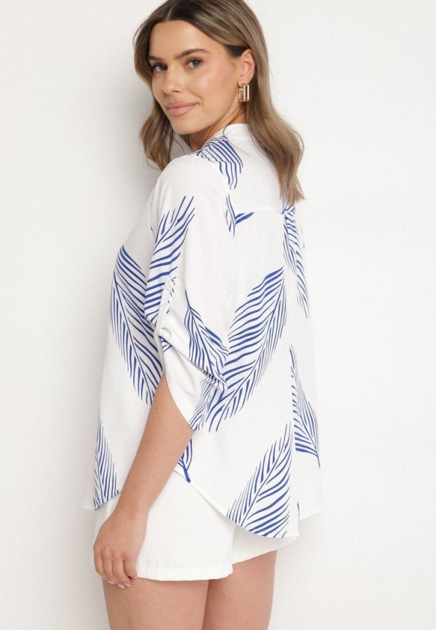 Biało-Niebieska Koszula z Bawełną we Wzór Liści Lumavaie