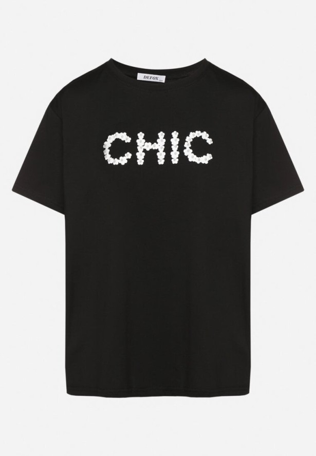 Czarny T-shirt Bawełniany z Napisem i Perełkami Nalinor
