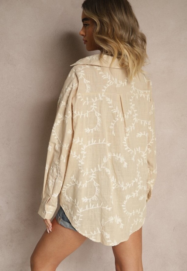 Beżowa Koszula z Lnu i Bawełny Zdobiona Roślinnym Haftem Nevairine