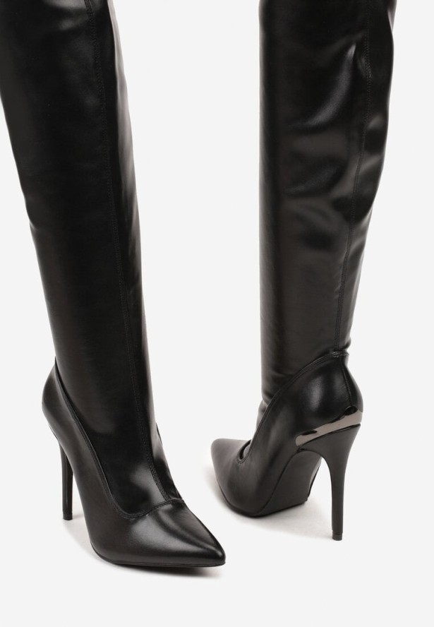 Czarne Kozaki Vices na Szpilce z Dopasowaną Cholewką za Kolano Tadvira