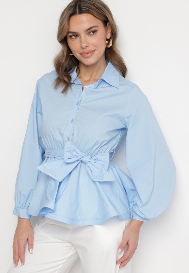 Niebieska Koszula z Gumką w Talii z Materiałowym Paskiem Lanothia