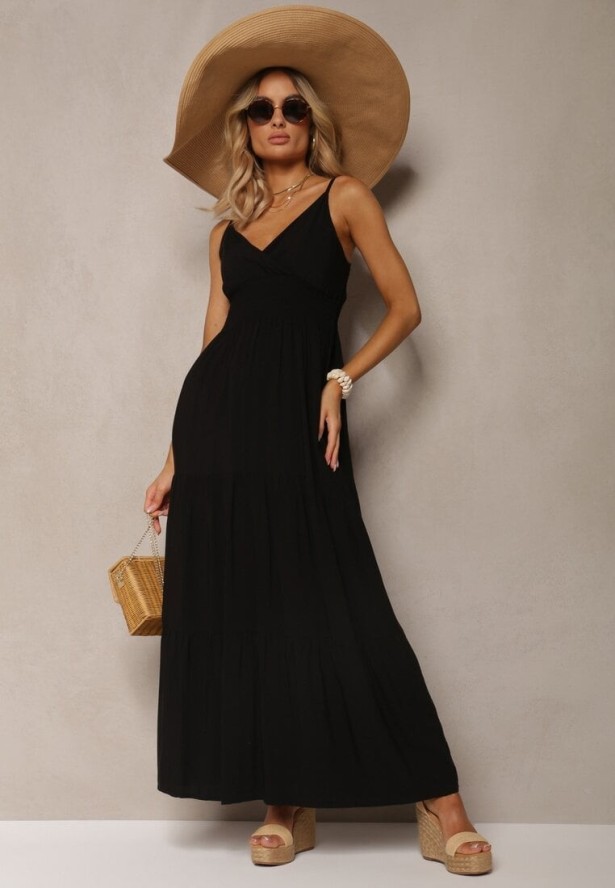 Czarna Sukienka Bawełniana Rozkloszowana Długa na Cienkich Ramiączkach z Regulacją Shalletia