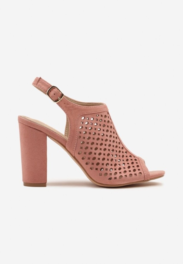 Różowe Ażurowe Sandały na Obcasie ze Skórzaną Wkładką Linwena