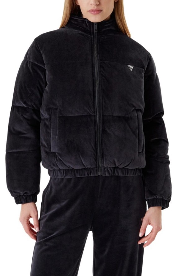 GUESS Сzarna zamszowa kurtka damska Couture Puffer, Rozmiar XS