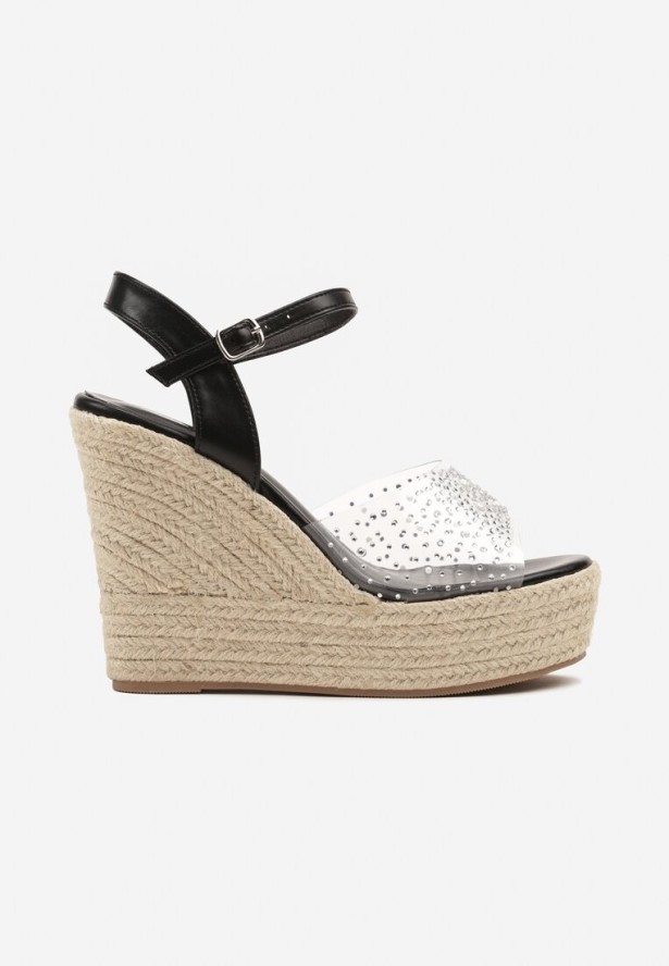 Czarne Przezroczyste Sandały na Koturnie z Plecionką i Cyrkoniami Alulia