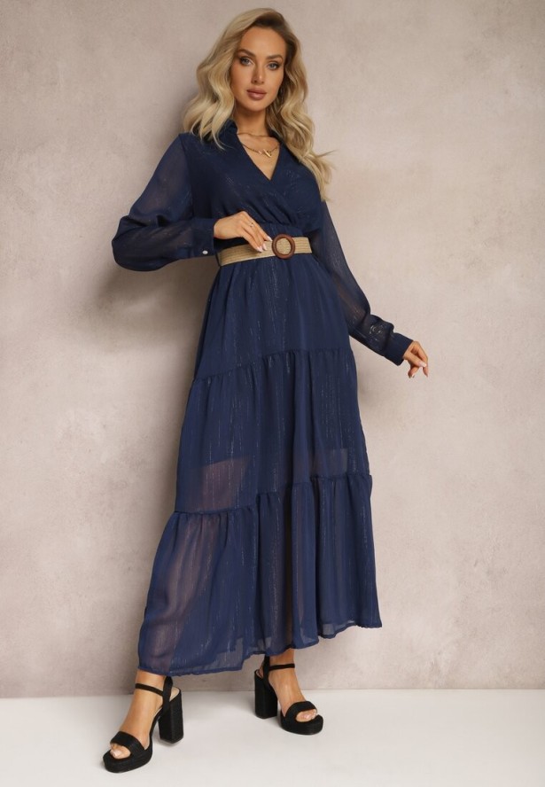 Granatowa Sukienka z Kopertowym Dekoltem i Plecionym Paskiem Velo