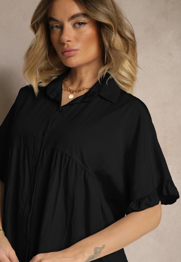 Czarna Koszula z Wiskozą Ozdobiona Falbankami Oleldi