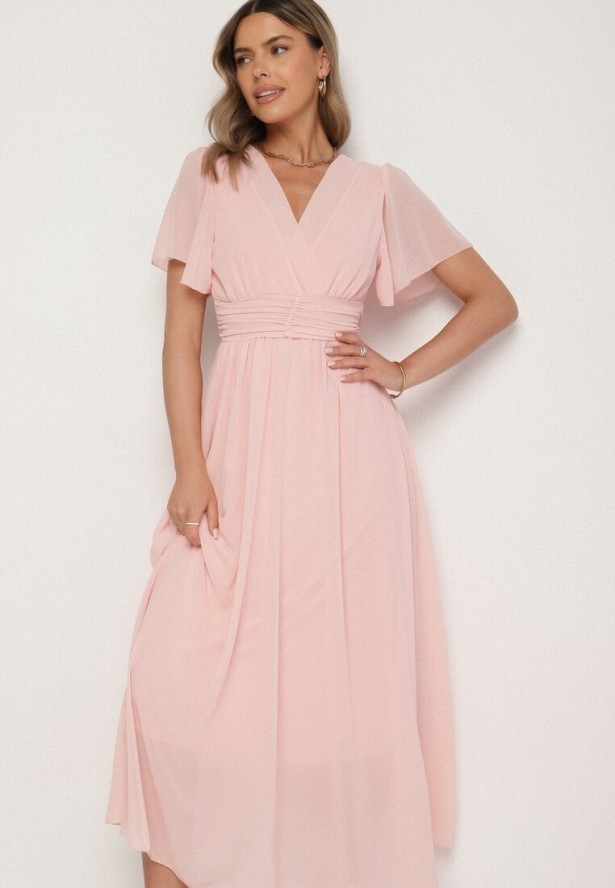 Jasnoróżowa Kopertowa Sukienka Maxi z Gumką w Pasie Narlin