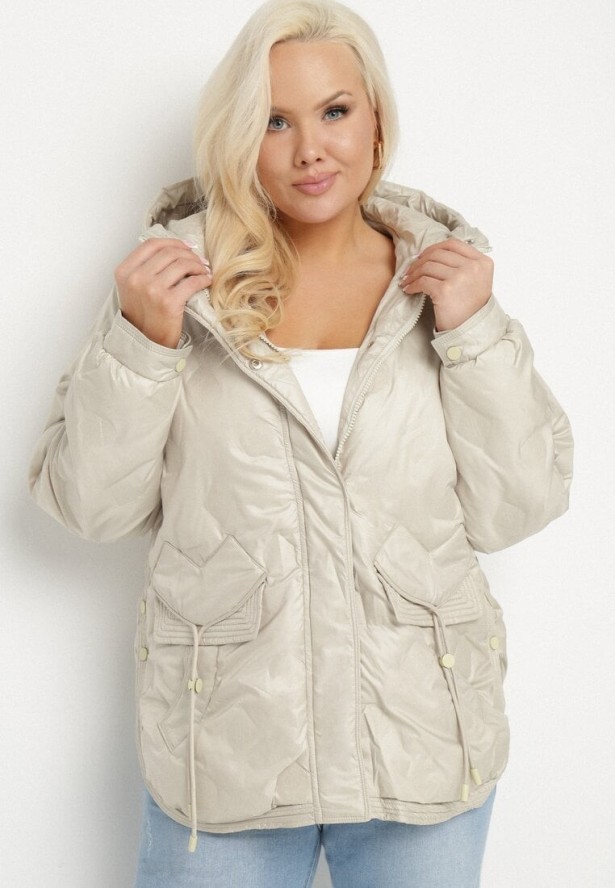 Beżowa Kurtka Pikowana z Kapturem i Kieszeniami o Pudełkowym Kroju Eravinna