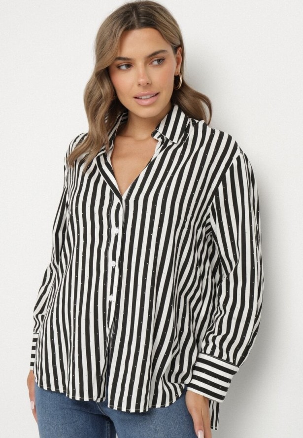 Czarna Bawełniana Koszula w Pionowe Paski Zdobiona Cyrkoniami Isorina