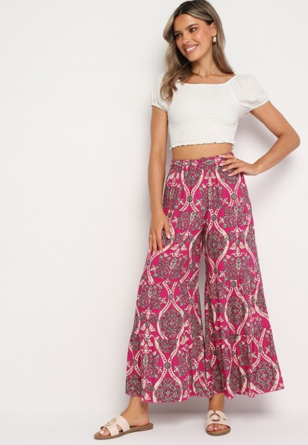 Fuksjowe Szerokie Wiskozowe Spodnie z Wysokim Stanem i Gumką w Talii Risettesna