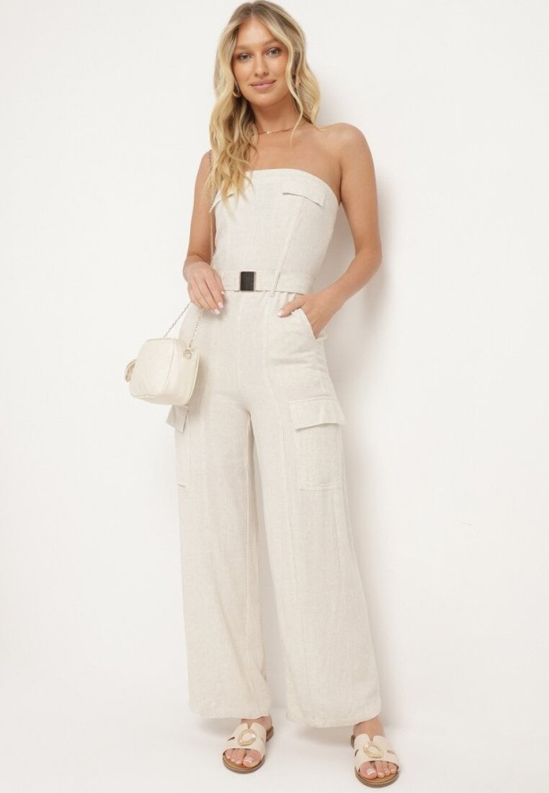 Jasnobeżowy Kombinezon Zwężany w Talii Lnem i Wiskozą Qurefia