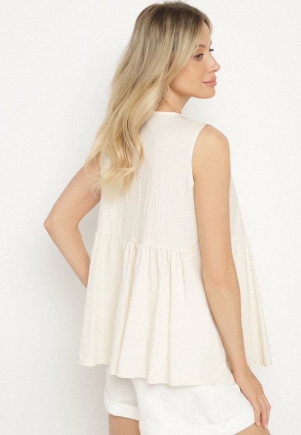 Beżowa Bluzka z Wiskozą z Baskinką Wiązaniem i Kołnierzykiem Davissen