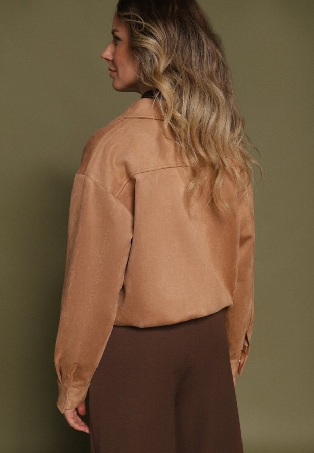 Beżowa Kurtka Przejściowa Bomberka z Imitacji Zamszu z Kołnierzykiem Ervila