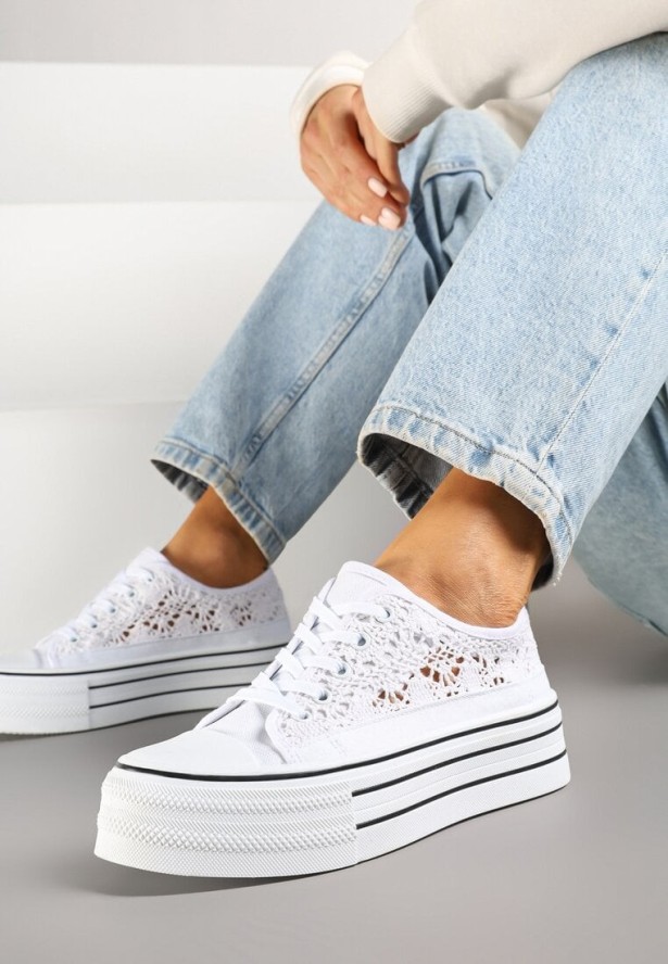 Białe Trampki na Grubej Podeszwie z Ażurową Cholewką Felariona
