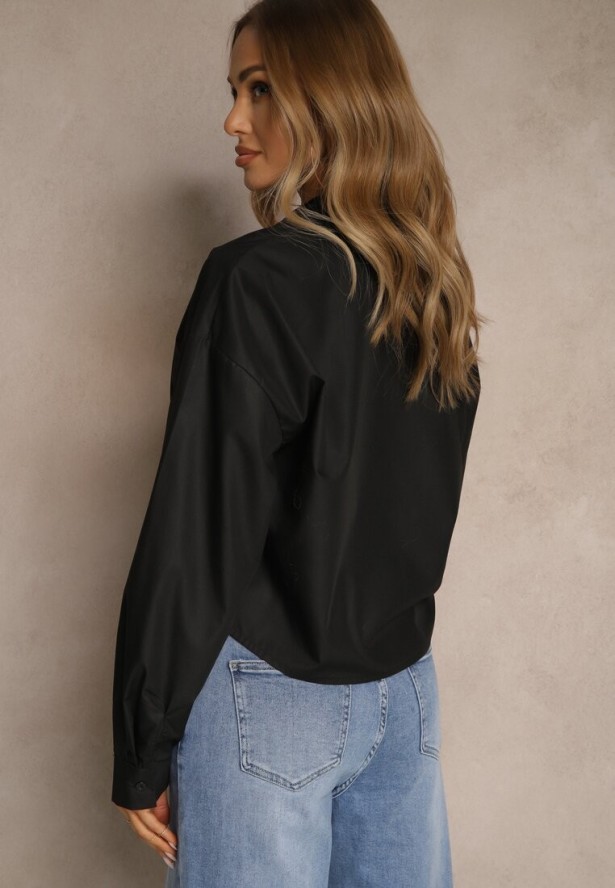 Czarna Koszula Oversize z Wiskozą o Krótkim Kroju z Ażurowymi Zdobieniami Dorbia