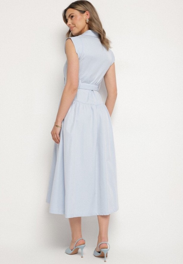 Niebieska Sukienka Koszulowa Ozdobiona Paskiem Devikka