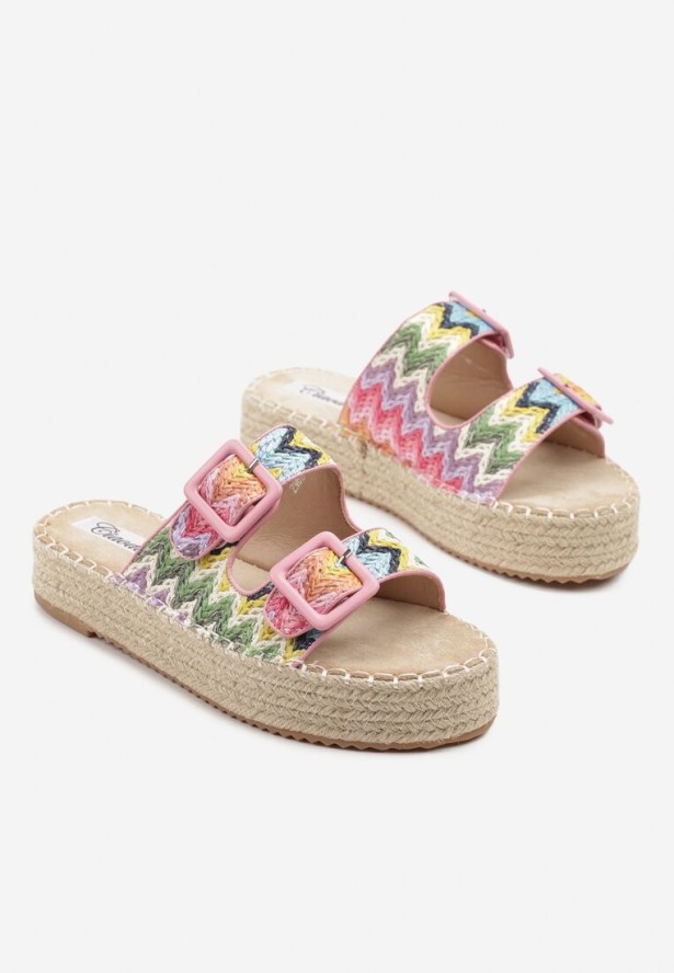 Różowe Klapki na Grubej Plecionej Podeszwie z Geometrycznym Wzorem Tyssedi