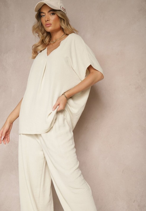 Ciemnobeżowy Bawełniany Komplet Spodnie o Szerokim Kroju i T-shirt Oversize Seltebis