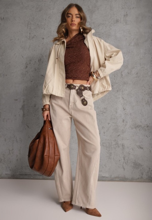 Beżowa Oversizowa Kurtka Przejściowa o Kroju Bombki z Bawełny i Wiskozy Birana