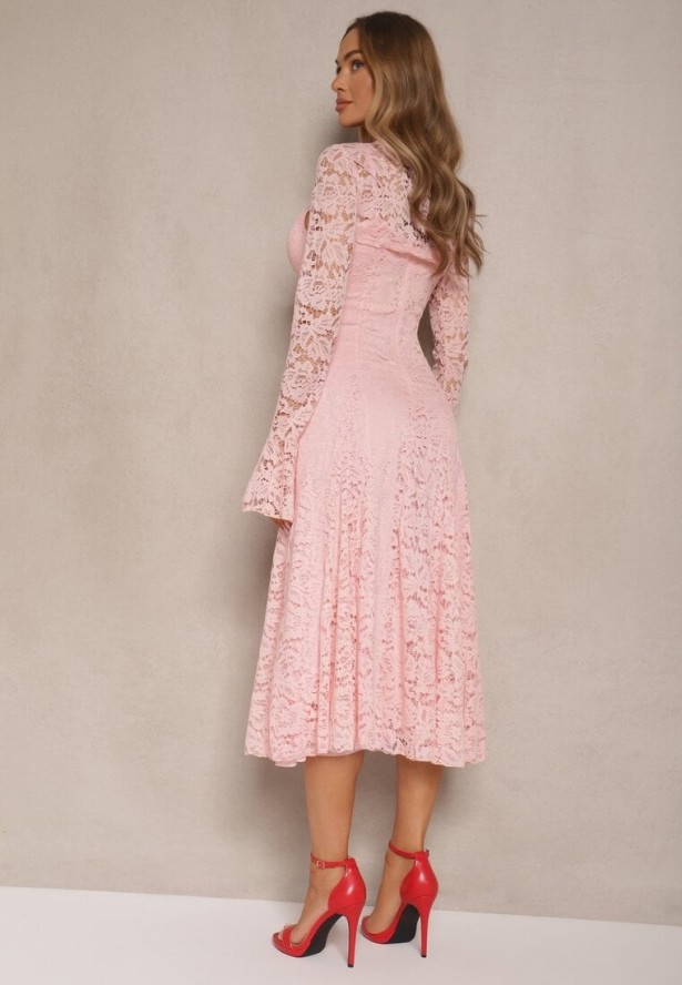 Ciemnoróżowa Rozkloszowana Sukienka z Koronki z Dodatkowym Bolerkiem Gonavora