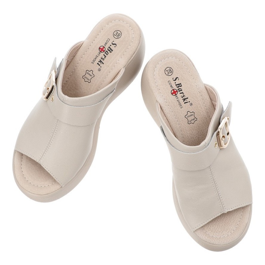 Beżowe Klapki S.Barski Eleganckie Obuwie Damskie