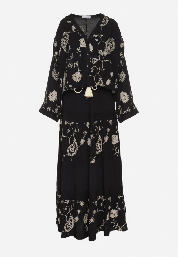 Czarny Komplet z Wiskozy w Stylu Boho Koszula Nietoperz i Spódnica Sepalisse