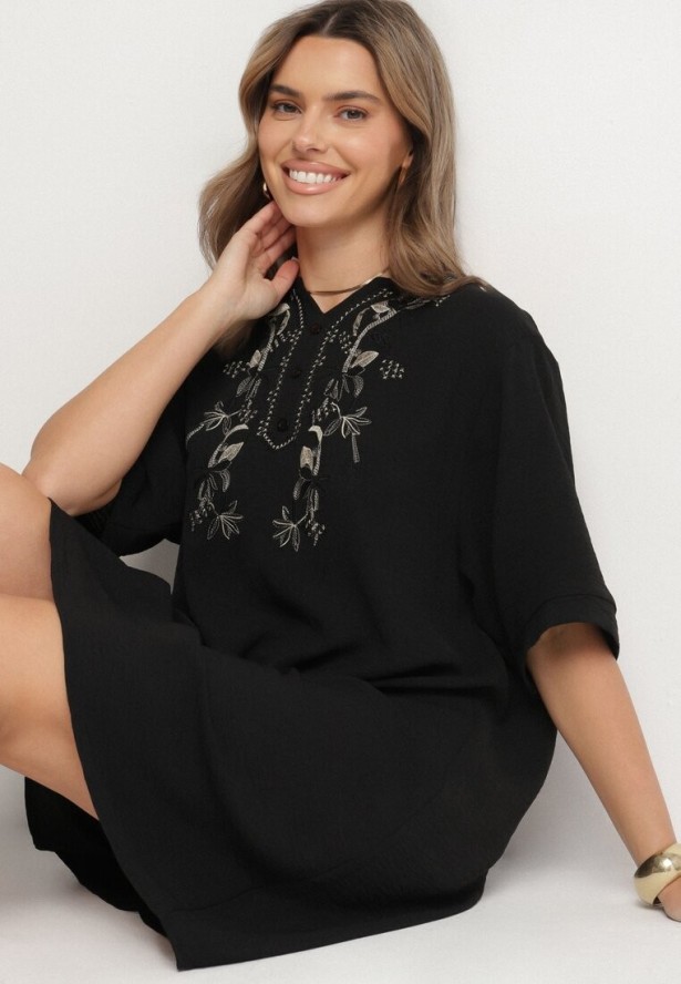 Czarna Sukienka Pudełkowa z Guzikami i Ozdobnymi Haftami Jenivanea