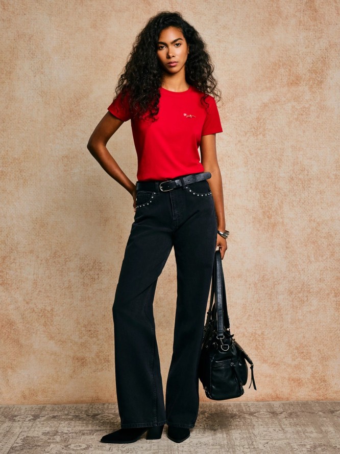 Jeansy damskie z szeroką nogawką z ozdobnymi dżetami czarne Atrea 929