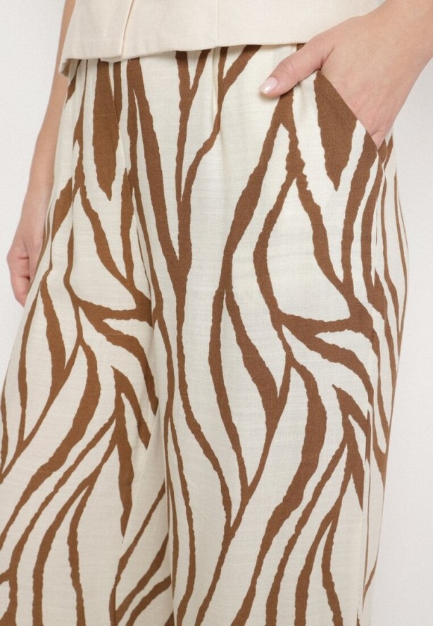 Brązowe Wiskozowe Spodnie z Lnem o Szerokim Kroju z Wysokim Stanem w Zebrę Fenelina