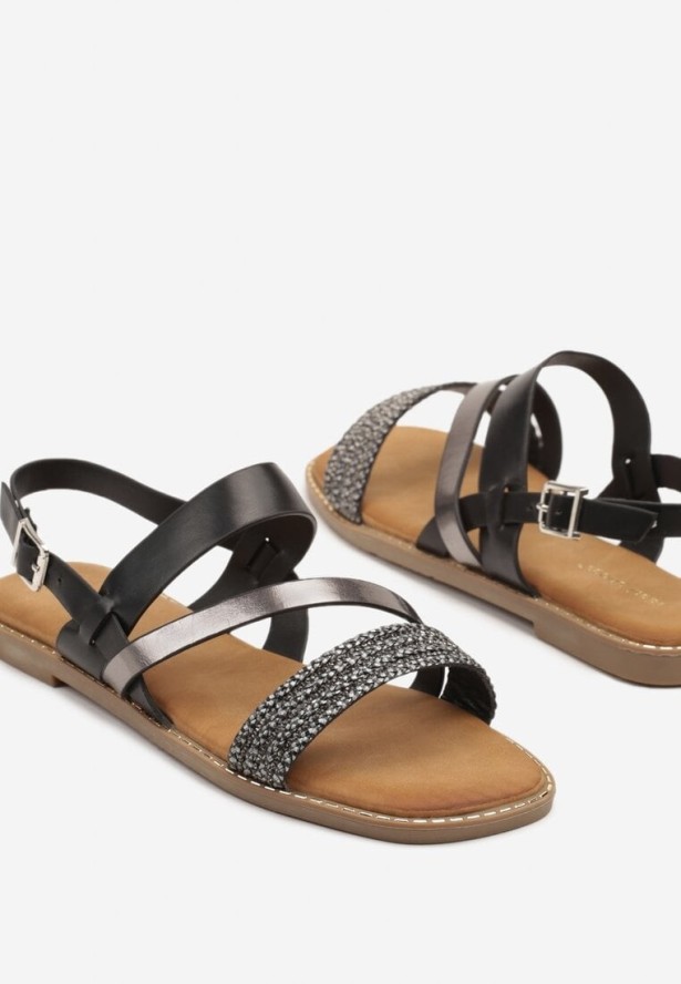 Czarne Sandały Zdobione Metalicznym Paseczkiem i Cyrkoniami Nuridira