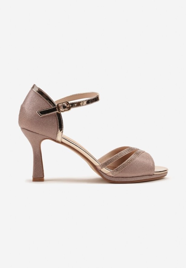 Szampańskie Sandały Vices na Szpilce Ozdobione Cyrkoniami i Brokatem Oviasse