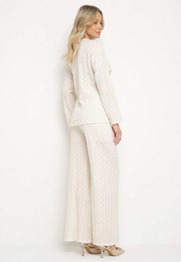 Beżowy Komplet Szerokie Spodnie i Bluzka z Ozdobnym Wiązaniem Cilinne
