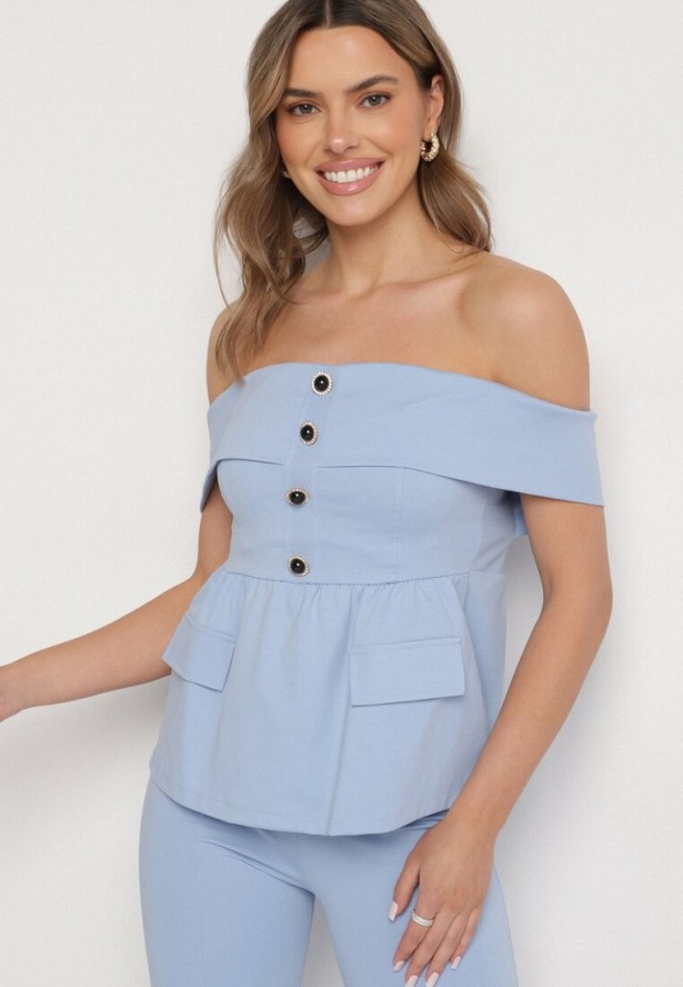 Niebieski Komplet Garniturowy Bluzka Hiszpanka z Guzikami i Spodnie Dzwony Yaskio